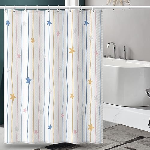 Polsterer Duschvorhang mit Blau-Gelb-Streifen und Sternenmuster, ideal für Badewanne oder Dusche, hochwertiger Polyester-Stoff, langlebig und widerstandsfähig gegen Wasserschäden