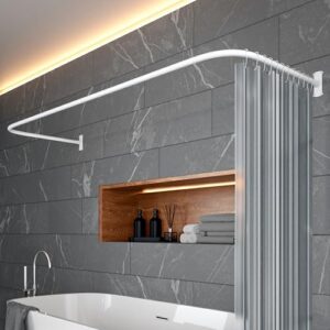 Duschvorhangstange mit 12 Ringen, Winkelstange und Alu-Stange für Badewanne und Dusche - Rostfreies Material aus Edelstahl 201 und Aluminium