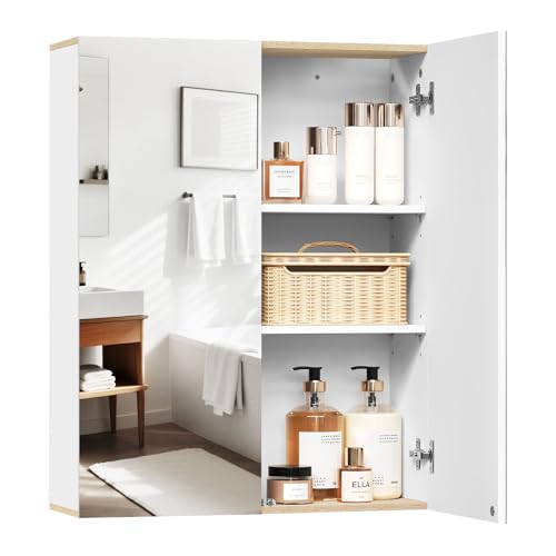 EUGAD Spiegelschrank Bad, Badezimmerschrank hängend, Badschrank mit Spiegel, Hängeschrank mit Doppeltür, Wandschrank mit verstellbaren Einlegeböden, weiß und helle Eiche 60x75x20 cm