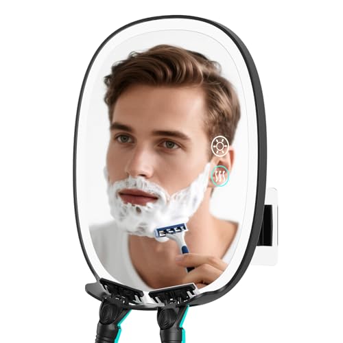FASCINATE Beheizter Duschspiegel Fogless zum Rasieren, 3 Farbmodi Dimmen Wiederaufladbarer Anti-Beschlag Duschspiegel mit Licht 360°Rotation
