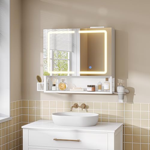 Eleganter Spiegelschrank fürs Badezimmer mit moderner LED-Beleuchtung und Doppeltür, ideal für Hygieneutensilien