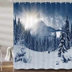 Winterlandschaft Duschvorhang für Badezimmer, Schnee Berg Kiefernwald Sonnenaufgang Weihnachten Badvorhang Set mit Haken 80x180cm (31 x 71 Zoll)