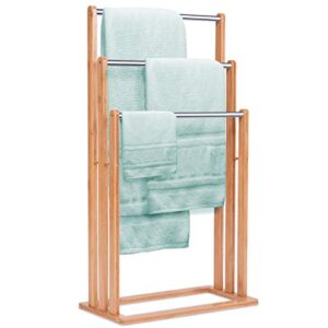 GIANTEX Handtuchständer freistehend Bambus, Badehandtuchständer aus Edelstahl mit 3 Handtuchstangen - Badaccessoire für Handtücher und Kleidung