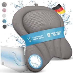 Premium Badewannenkissen in grau mit zusätzlicher Polsterung an Schulter- & Nackenbereich, schnelltrocknend und waschbar für das ultimative Bade-Erlebnis