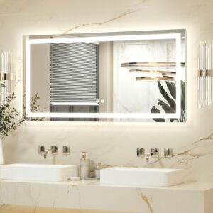 Badezimmerspiegel mit LED-Beleuchtung und Touch-Schalter in modernem Design für das Badezimmer. Rechteckiger Spiegel aus gehärtetem Glas mit Beschlagschutzfunktion, IP44-Wasserdichtigkeit und Langlebigkeit.