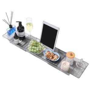 Badewannentablett aus Acryl mit Ablaufdesign für Badezimmer, flexible Länge, hochwertiges Material, Abfluss und Atmungsaktivität, hohe Kapazität für Shampoo, Lotionsflaschen und Kosmetikartikel