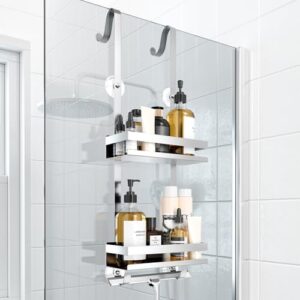 Badezimmer Organizer für Dusche mit Glasduschtür, Duschregal zum Hängen ohne Bohren, Silberfarbene Ablasshalterung für Shampoo und andere Duschutensilien