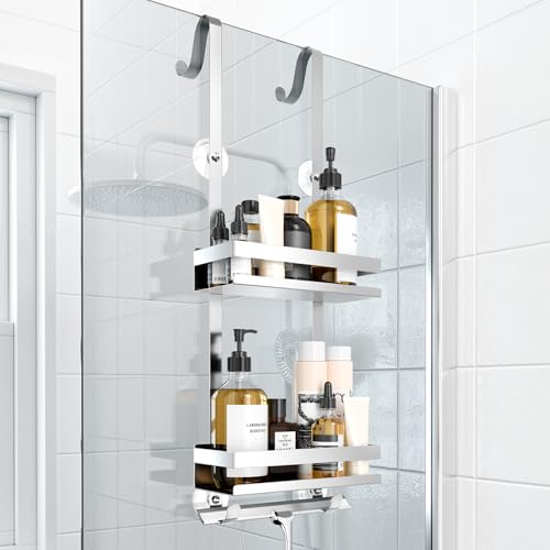 Badezimmer Organizer für Dusche mit Glasduschtür, Duschregal zum Hängen ohne Bohren, Silberfarbene Ablasshalterung für Shampoo und andere Duschutensilien