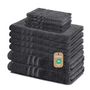 Lavea 10-teiliges Handtuchset Elena aus 100% Baumwolle - Anthrazit, 4 x Handtuch, 2 x Duschtuch, 2 x Gästetuch, 2 x Waschhandschuh