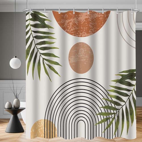 Duschvorhang 160x160cm Blätter Linie, Beschwerter Saum Antischimmel Textil, Wasserabweisend, Waschbar Polyester Stoff Badevorhänge mit 12 Ösen und Duschvorhangringe für Badezimmer