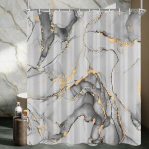 Duschvorhang aus Polyester mit 16 Ösen und Duschvorhangringen, graue Marmor-Optik, antischimlend und wasserabweisend, ideal für Badezimmer und Badewanne