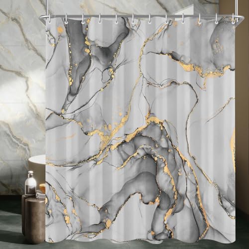 Duschvorhang aus Polyester mit 16 Ösen und Duschvorhangringen, graue Marmor-Optik, antischimlend und wasserabweisend, ideal für Badezimmer und Badewanne