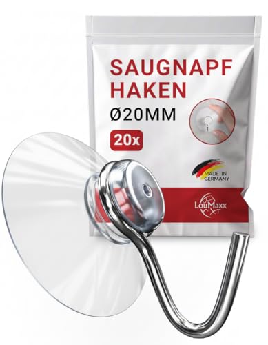 Transparenter Saugnapf mit Haken, Ø 20 mm - Set aus 20 Stücken für Fenster, Bad und Küche - zuverlässiger Halt auf Glas und glatten Oberflächen