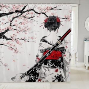 Japanischer Duschvorhang für Badewanne und Dusche im Badezimmer, Kirschblütenmuster, weißes Textil mit schwarzen Blumenmustern, ideal für Jungen und Mädchen