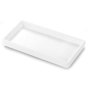 White rectangular tray for bathroom organizer and kitchen sink, perfect for storing toiletries, perfumes, and jewelry, with a small lip around the edge for a minimalist design.
