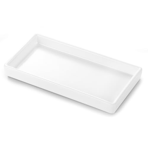 White rectangular tray for bathroom organizer and kitchen sink, perfect for storing toiletries, perfumes, and jewelry, with a small lip around the edge for a minimalist design.