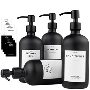 MONOKO 4er Set Seifenspender Schwarz Matt aus Glas | 500ml Shampoo Flaschen zum Befüllen und Aufkleber für Bad oder Küche