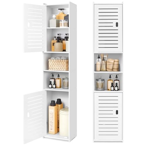 Hoher Badezimmerschrank mit umweltfreundlichem Material und vielen Fächern für die Organisation von Toilettenartikeln, Handtüchern, Zeitschriften oder Elektronik