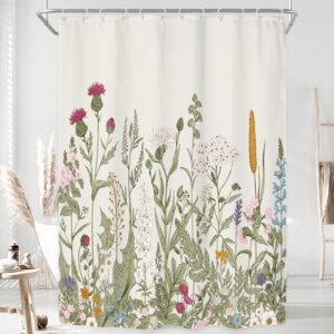 Duschvorhang aus Stoff mit Wildblumen-Motiv, grüne Blätter, botanisches dekoratives Bad-Set, Pflanzenkräuter, Badezimmerzubehör, Polyester für Badezimmer