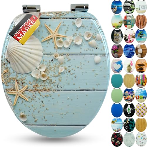Premium WC Sitz mit Absenkautomatik aus Holz, hochwertig, viele bunte Motive, hoher Sitzkomfort, einfache Montage inklusive Montageanleitung, Caribbean Blue Farbe