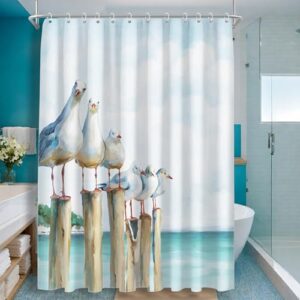 Duschvorhang 180x180cm Leuchtturm, Möwe Duschrollo Ozean Duschrollo für Badewanne, Wasserabweisend, Waschbar Polyester Badevorhänge mit 12 Ösen und Duschvorhangringen für Badezimmer