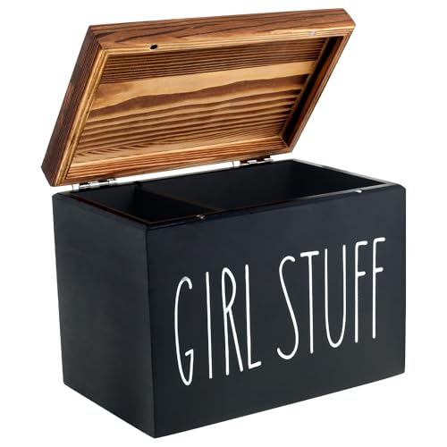 Holz Aufbewahrungsbox für Hygieneartikel, Tamponhalter für Badezimmer mit klappbarem Deckel und zwei fachbaren Taschen