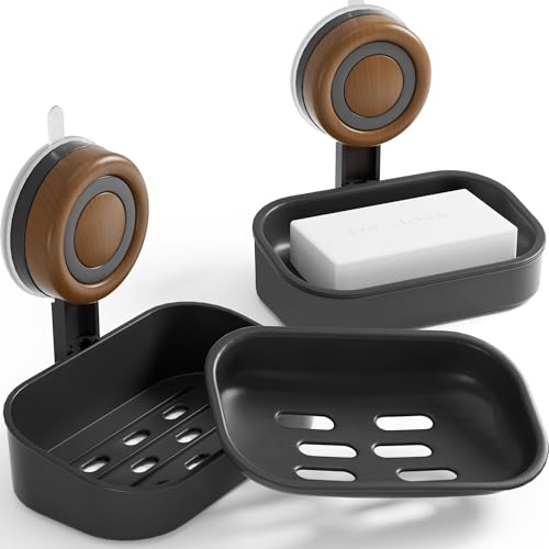 Doppelstöckiger Seifenhalter mit Saugnapf und Selbstentwässerung für Dusche, Badezimmer und Küchenspüle - Schwarz