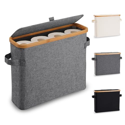 Bamboo Toilettenpapierhalter mit Deckel für den Badezimmerschrank, grauer Plastikgrund und Bambusdeckel, praktische Aufbewahrungsbox für 1-2 TP-Rollen