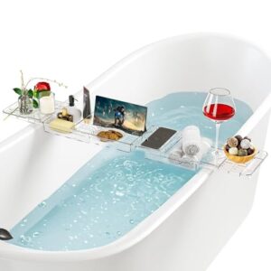 Badewannenablage mit transparentem Wasserablauf für Tablet und Bücher, verstellbar und feuchtigkeitsbeständig