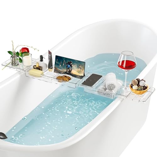 Badewannenablage mit transparentem Wasserablauf für Tablet und Bücher, verstellbar und feuchtigkeitsbeständig
