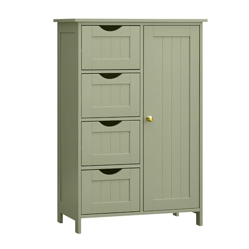 VASAGLE Badezimmerschrank mit 4 Schubladen und verstellbarer Ablage in Lorbeergrün für das Badezimmer, schmaler Beistellschrank mit Stauraum