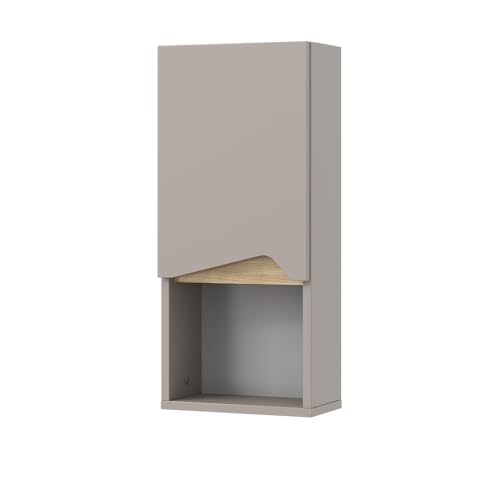 Bathroom cabinet in beige with gray handle, modern design, hängender Badezimmerschrank mit Grifflosen Fronten für ein elegantes Badezimmer