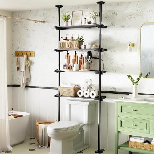 Toilettenregal 4 Ebenen, Badezimmerregal über die Toilette platzsparend, 49-79 CM Breite, 122-315 CM Höhe, Waschmaschinenregal, Badezimmer-Organizer in Schwarz