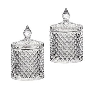 Zwei transparente Glasbehälter mit Diamantmuster auf den Seiten, ideal für die Aufbewahrung von Wattestäbchen, Wattepads und Tampons. Einfach und hygienisch.