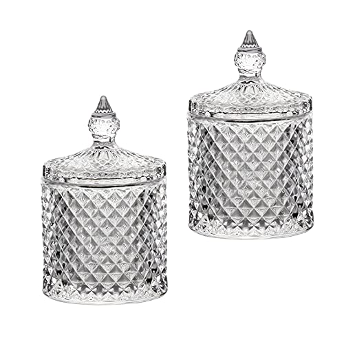 Zwei transparente Glasbehälter mit Diamantmuster auf den Seiten, ideal für die Aufbewahrung von Wattestäbchen, Wattepads und Tampons. Einfach und hygienisch.