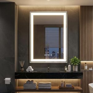 YOURLITE Badspiegel mit Beleuchtung, 70x50cm, Wandspiegel mit Touch-Schalter und LED-Licht, Uhr und Raumtemperaturanzeige in Silber