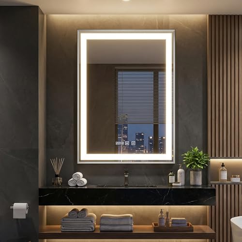 YOURLITE Badspiegel mit Beleuchtung, 70x50cm, Wandspiegel mit Touch-Schalter und LED-Licht, Uhr und Raumtemperaturanzeige in Silber