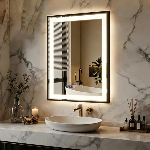 Beleuchteter Badspiegel mit vielseitigem Einsatz, LED-Licht mit Touch-Schalter und Uhr-Anzeige, 50x70 cm, Schwarz