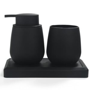 Ergänzendes Badezimmer-Organizer-Set in Schwarz für Bäder aller Größen, enthalten: Seifenspender, Zahnputzbecher und Tablett mit minimalistischer Optik und matte Oberfläche. Robuste ABS-Kunststoffverarbeitung, einfache Reinigung, Platz spart