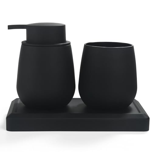 Ergänzendes Badezimmer-Organizer-Set in Schwarz für Bäder aller Größen, enthalten: Seifenspender, Zahnputzbecher und Tablett mit minimalistischer Optik und matte Oberfläche. Robuste ABS-Kunststoffverarbeitung, einfache Reinigung, Platz spart