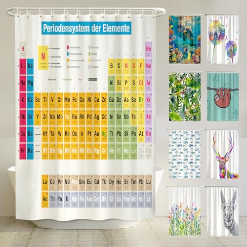 Duschvorhang mit Periodensystem, recycelter Polyester, Anti-Schimmel-Schutz, Beschwerter Saum, Blickdicht, Wasserdicht und Waschbar