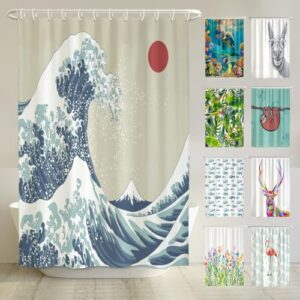 Arteneur Japan Welle Anti-Schimmel Duschvorhang 180x200, recycelt mit Öko-Tex Standard 100, Beschwerter Saum, Blickdicht, Wasserdicht, Waschbar und E-Book