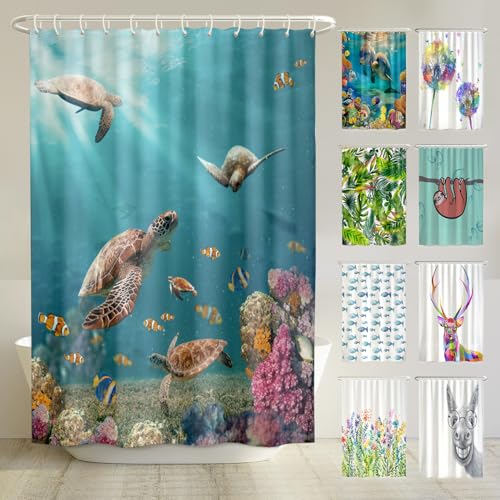 Meeres Schildkröten Duschvorhang 180x200 mit Anti-Schimmel Beschichtung und recyceltem Material für Badezimmer, Wasserdicht, Waschbar und Beschwerter Saum