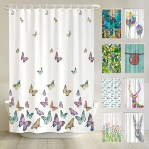 Schmetterlingsmuster Duschvorhang aus recyceltem Polyester, anti-schimmel und anti-bakteriell, 180x200 cm, 12 Ringe und E-Book mit Reinigungs-Tipps