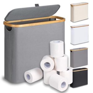 Badezimmer Organizer für Toilettenpapier Aufbewahrung, grauer Korb mit Deckel und Holzgriff, perfekt für kleine Räume, 9-12 Rollen Toilettenpapier