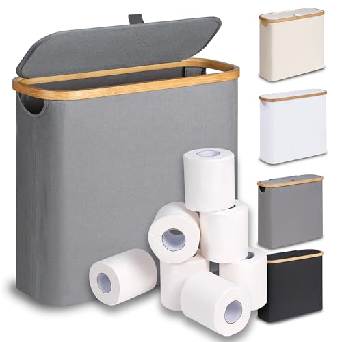 Badezimmer Organizer für Toilettenpapier Aufbewahrung, grauer Korb mit Deckel und Holzgriff, perfekt für kleine Räume, 9-12 Rollen Toilettenpapier
