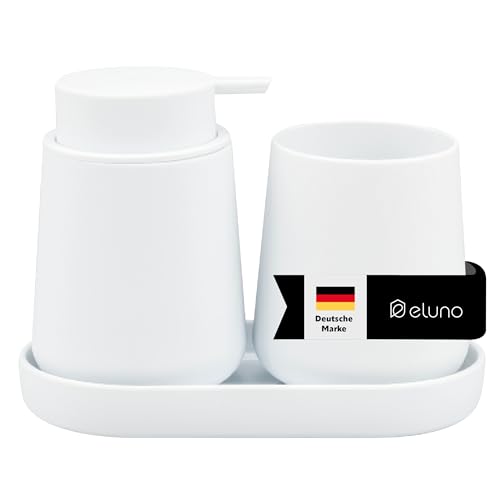 Badezimmer-Set TESERO mit Soft-Touch-Oberfläche, bestehend aus Seifenspender, Becher und Schale, ideal für Badezimmer und Küche aus Kunststoff (Weiß)