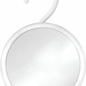 Ein Duschspiegel mit Haken zum Aufhängen, der 360° schwenkbar ist und eine bruchsichere Oberfläche hat.