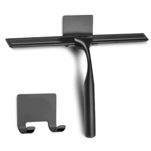 Klassischer Duschabzieher aus Edelstahl für ein sauberes Badezimmer, mit selbstklebenden Haken und kurzer Handgriff für die Reinigung von Wasserflecken auf Glasflächen