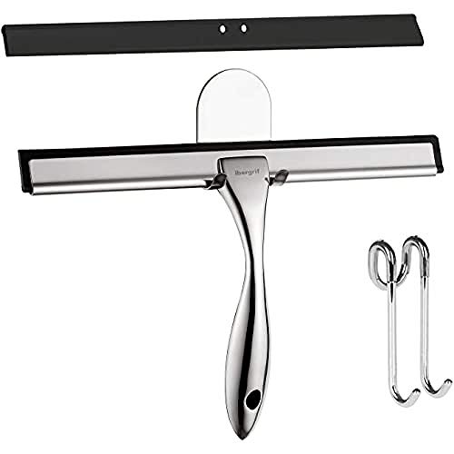 Duschabzieher mit Halter, Edelstahl Duschwischer mit Wandaufhänger ohne Bohren, Fensterabzieher mit Halterung, Abzieher für Dusche, Badezimmer, Küche und Auto-Glas-Reinigung